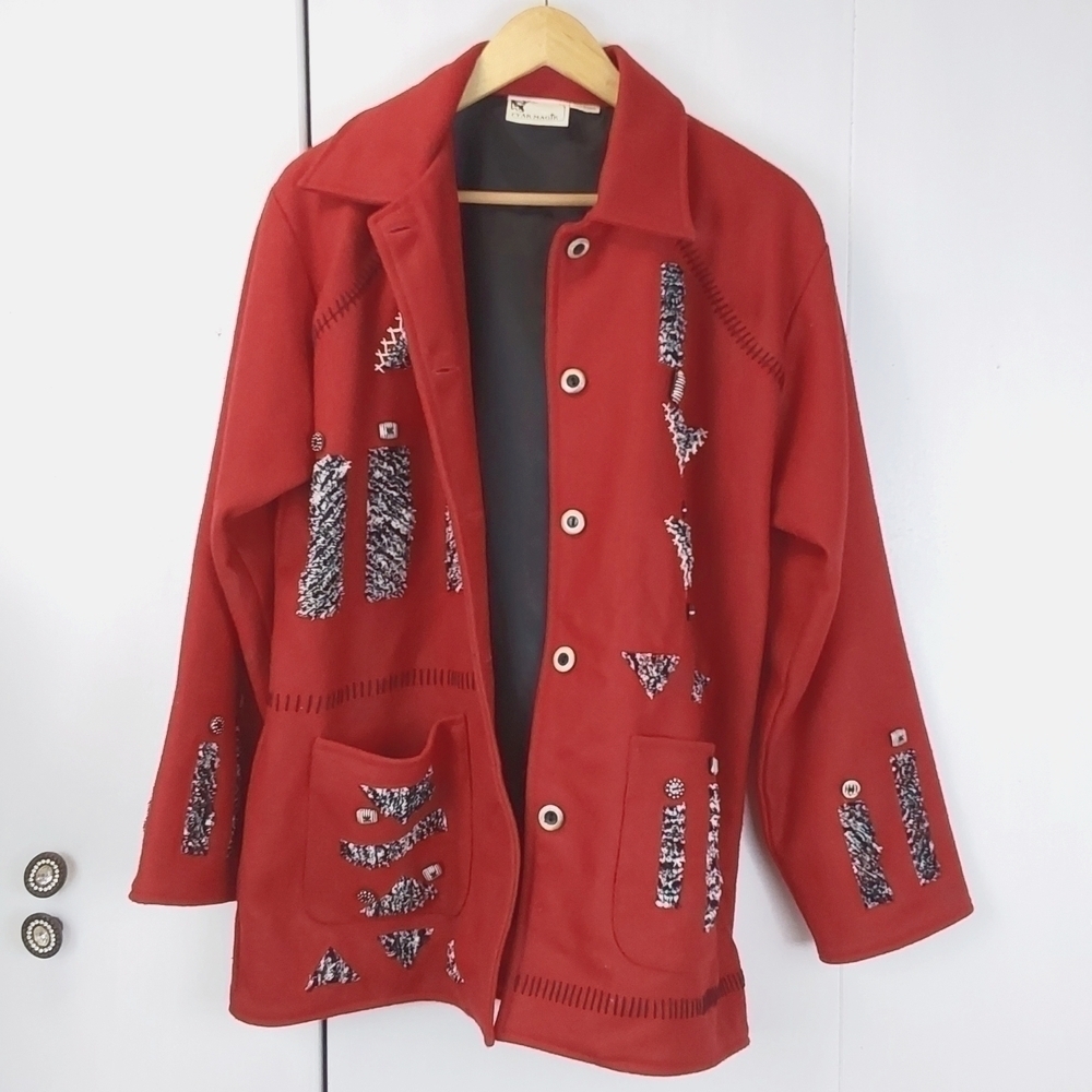 Yak Magik| Red WOOL Artsy Patchwork Embroidery Coat Nepal Sz.Large